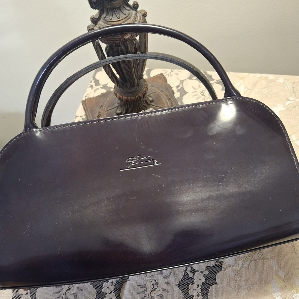 Y2K Vtg Longchamp Eggplant Patent Leather Suede Double Handle Bag Classic Luxury - Picture 6 of 11